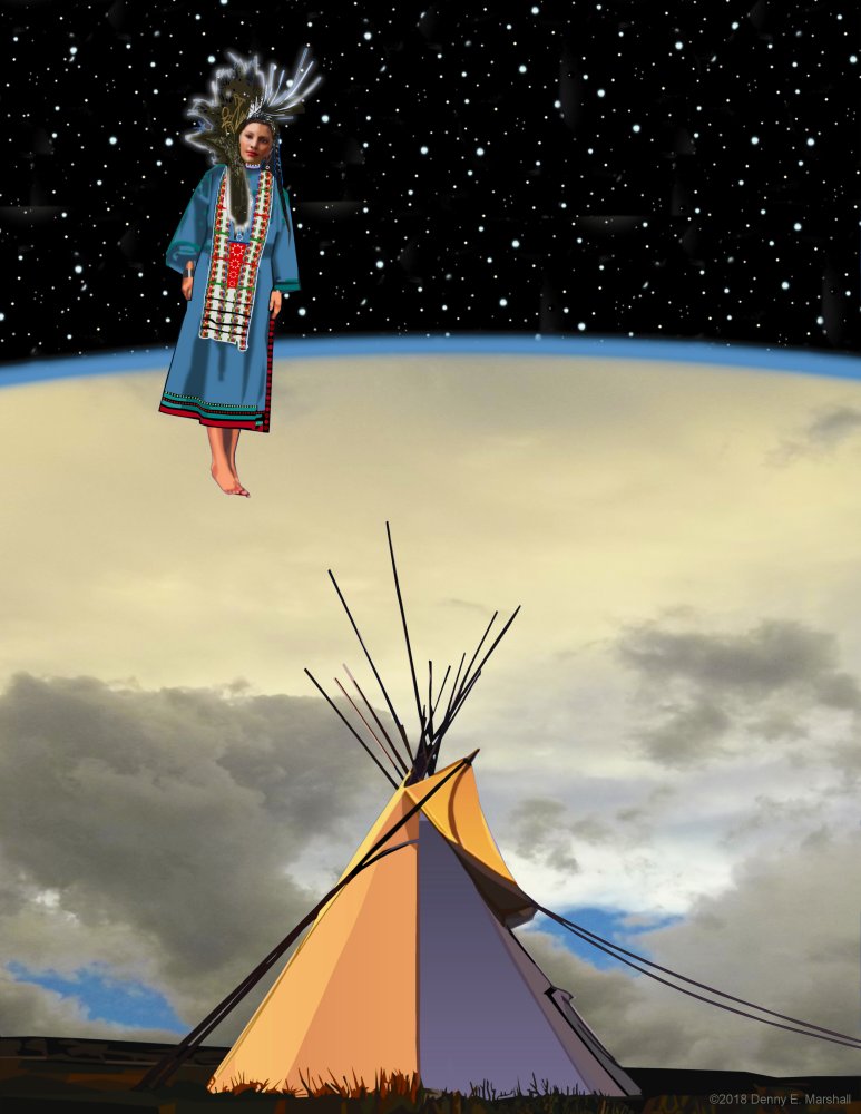 Illustration of Whope descending to earth by artist Deeny E. Marshall