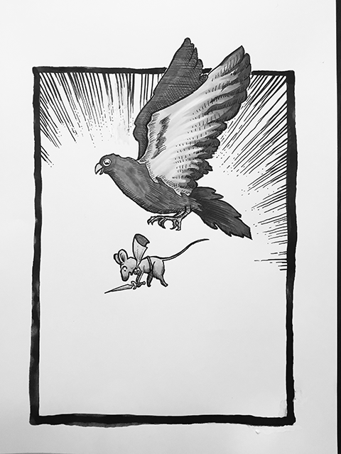 A pigeon gives Eve Pixiedrowner a lift up in the battle against the faeries.