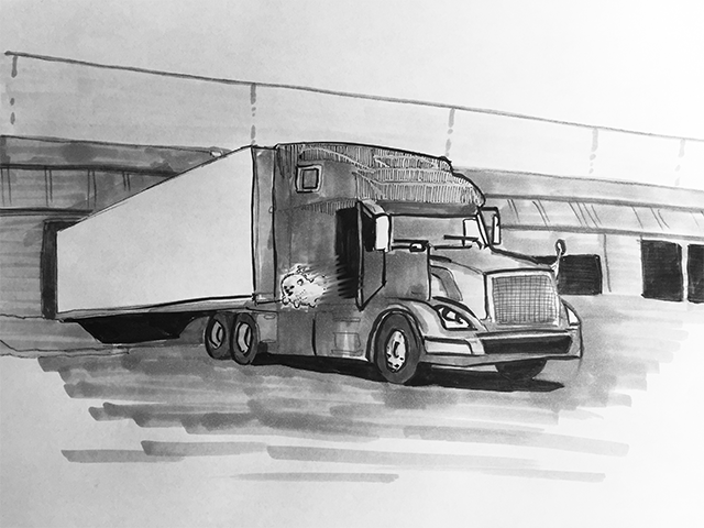 Sketch of a semi-with it's door open, a dog with some mice passengers jumping out of it